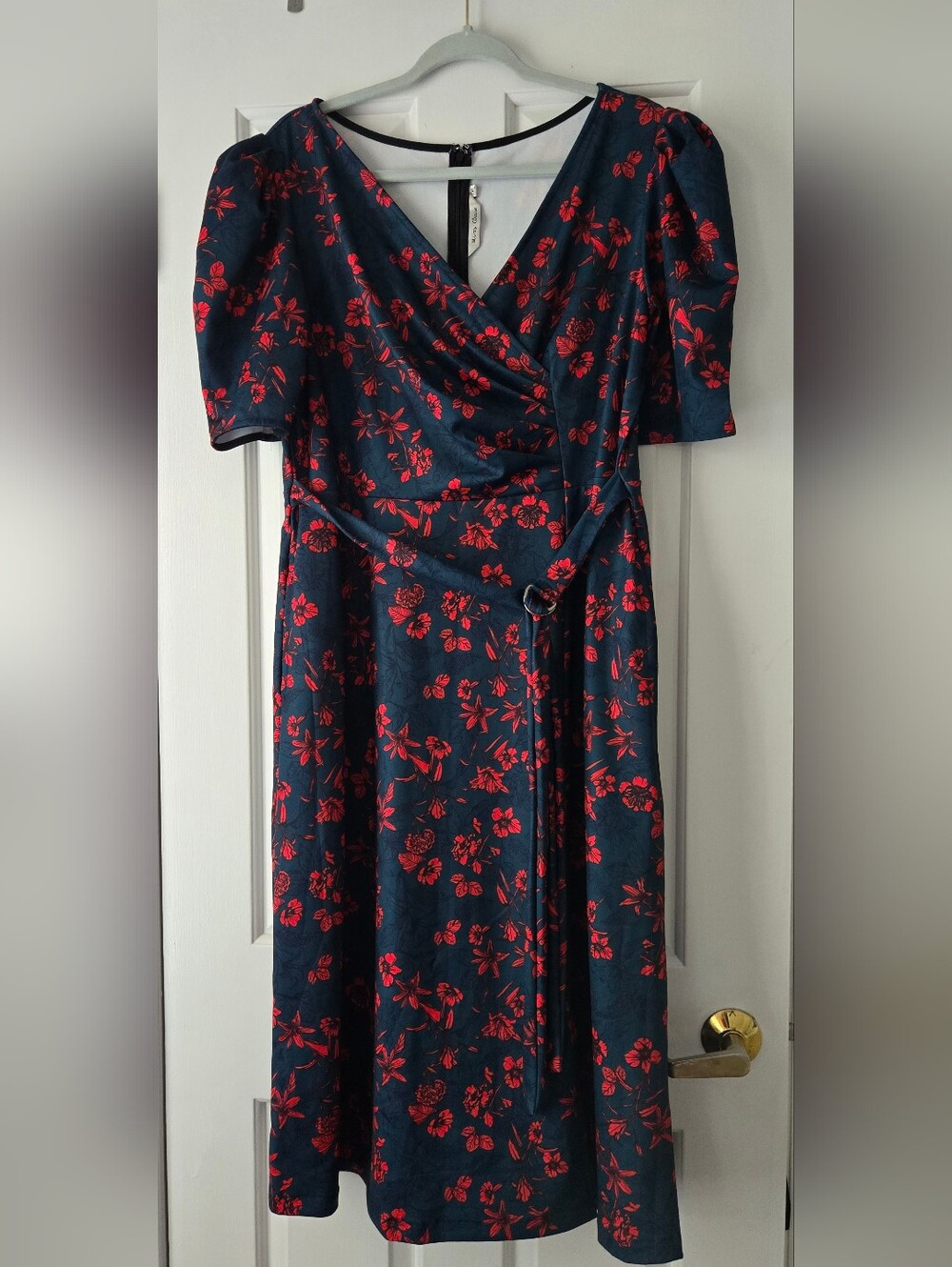 Teal Red Floral Wrap Midi Dress Puff Sleeve Party Wedding - Picture 5 of 6